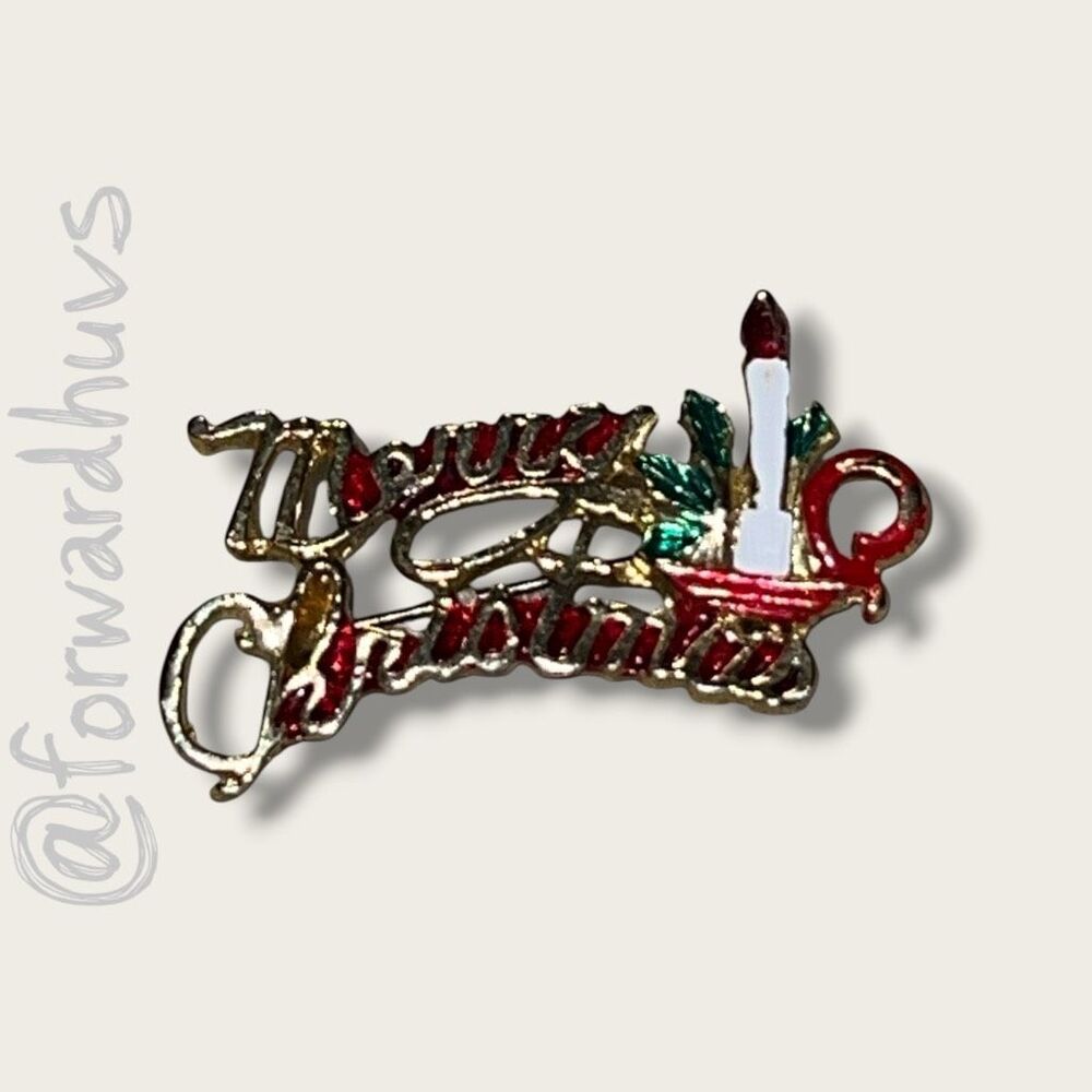 Vintage Merry Christmas Enamel Candle Brooch Pin Gold Tone Holiday